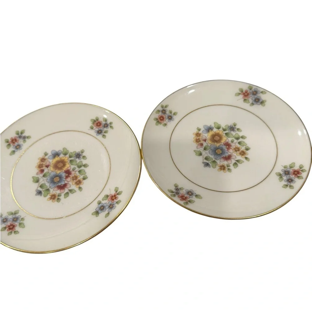 Lenox Teresa Two  7 inch Bread and Butter Plates Made  in USA Florals Gold Trim